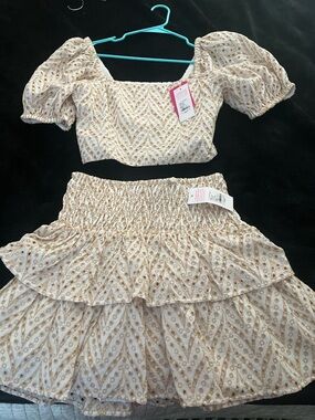 Lilly Pulitzer Cream crop top and skirt with Gold Metallic Embroidery